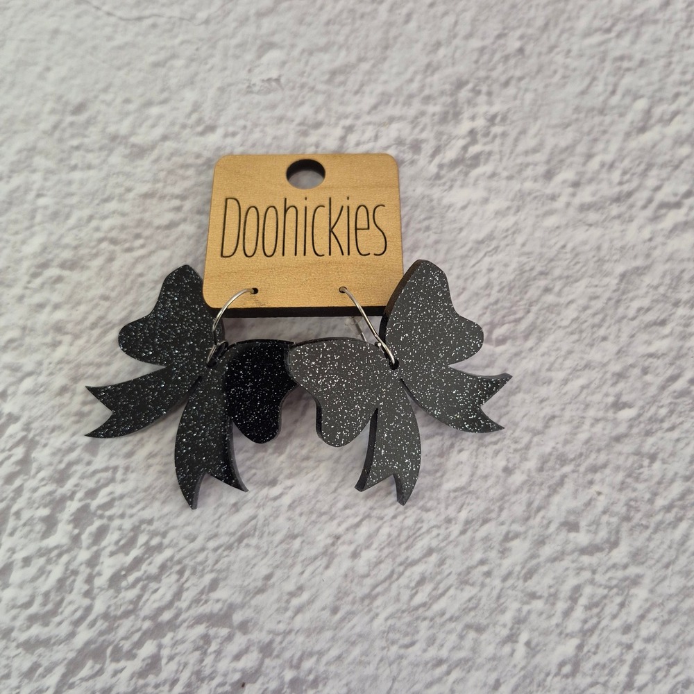 Doohickies Black Glitter Bow Drop Earrings Acrylic Whimsical Sparkle Jewelry